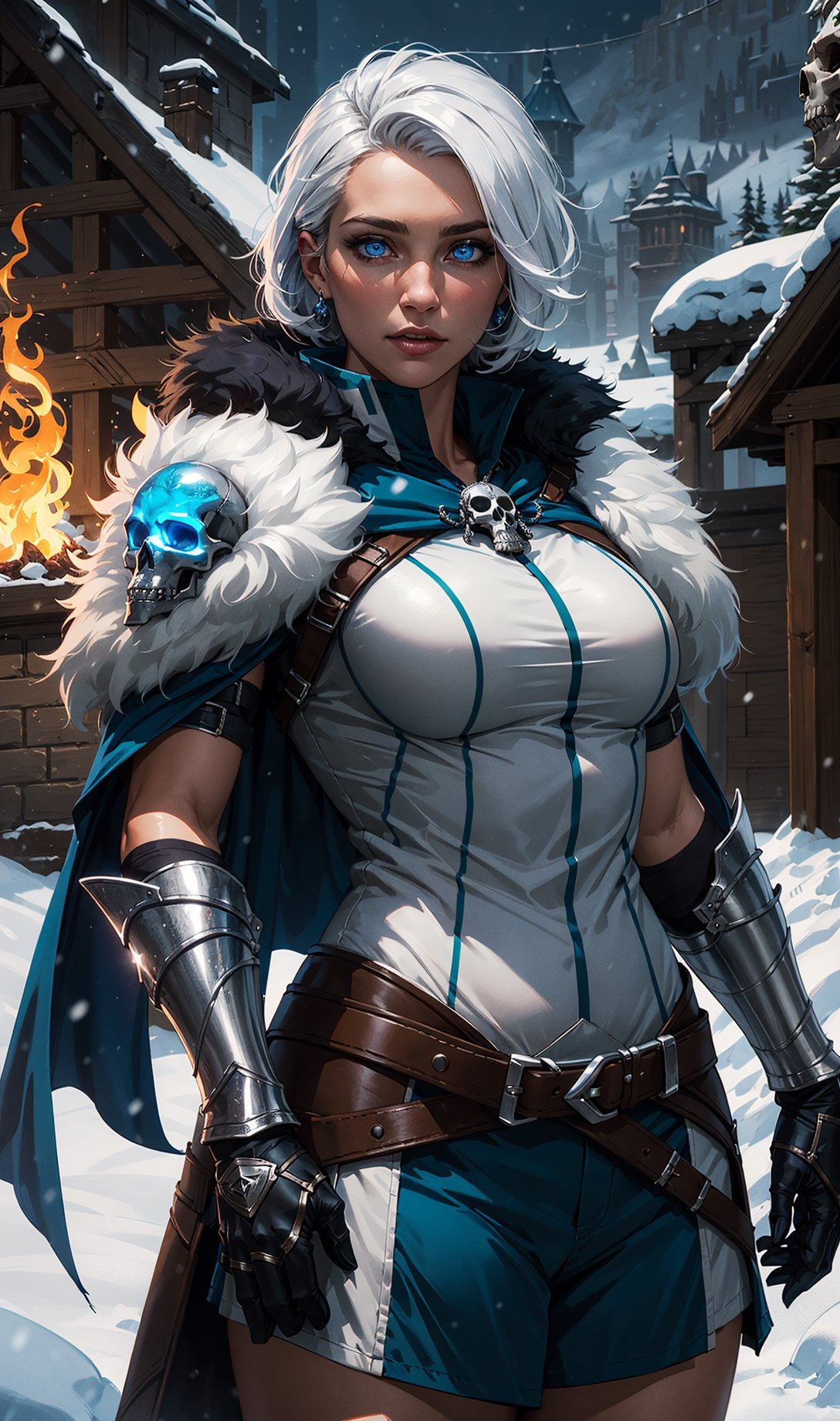 1girl, cowboy shot, wowdk, glowing blue eyes, skull armor, fur trim, pauldrons, torn cape, short white hair, blue fire, snow, ice, night, citadel, athletic, volumetric lighting, best quality, masterpiece, detailed eyes, detailed face, HDR, ultra resolution 