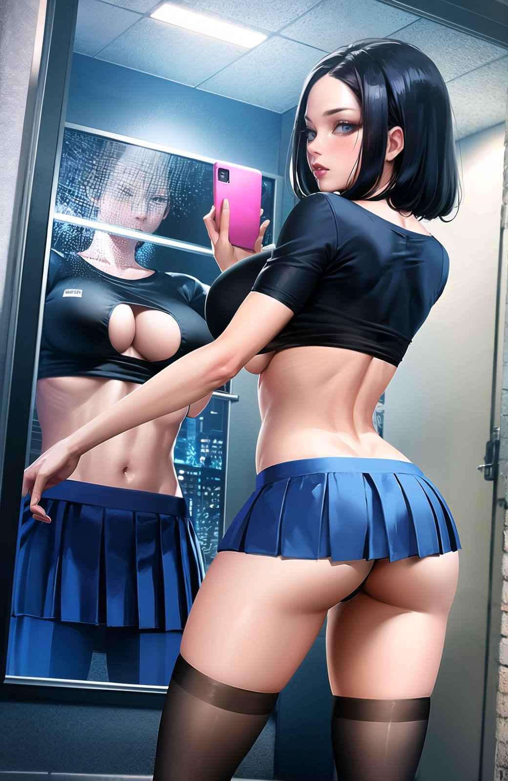 (Masterpiece:1.2), (high quality:1.2), (detailed:1.3) sakimichanKA, 1girl, ass, black hair, black panties, black shirt, black thighhighs, blue eyes, blue skirt, breasts, cellphone, clothes lift, crop top, cropped shirt, forehead, from behind, holding, holding phone, indoors, large breasts, lips, looking at viewer, midriff, miniskirt, mirror, navel, no bra, panties, phone, plant, pleated skirt, reflection, shirt, shirt lift, short sleeves, skirt, smartphone, solo, standing, thighhighs, thighs, thong, underboob, underwear, window