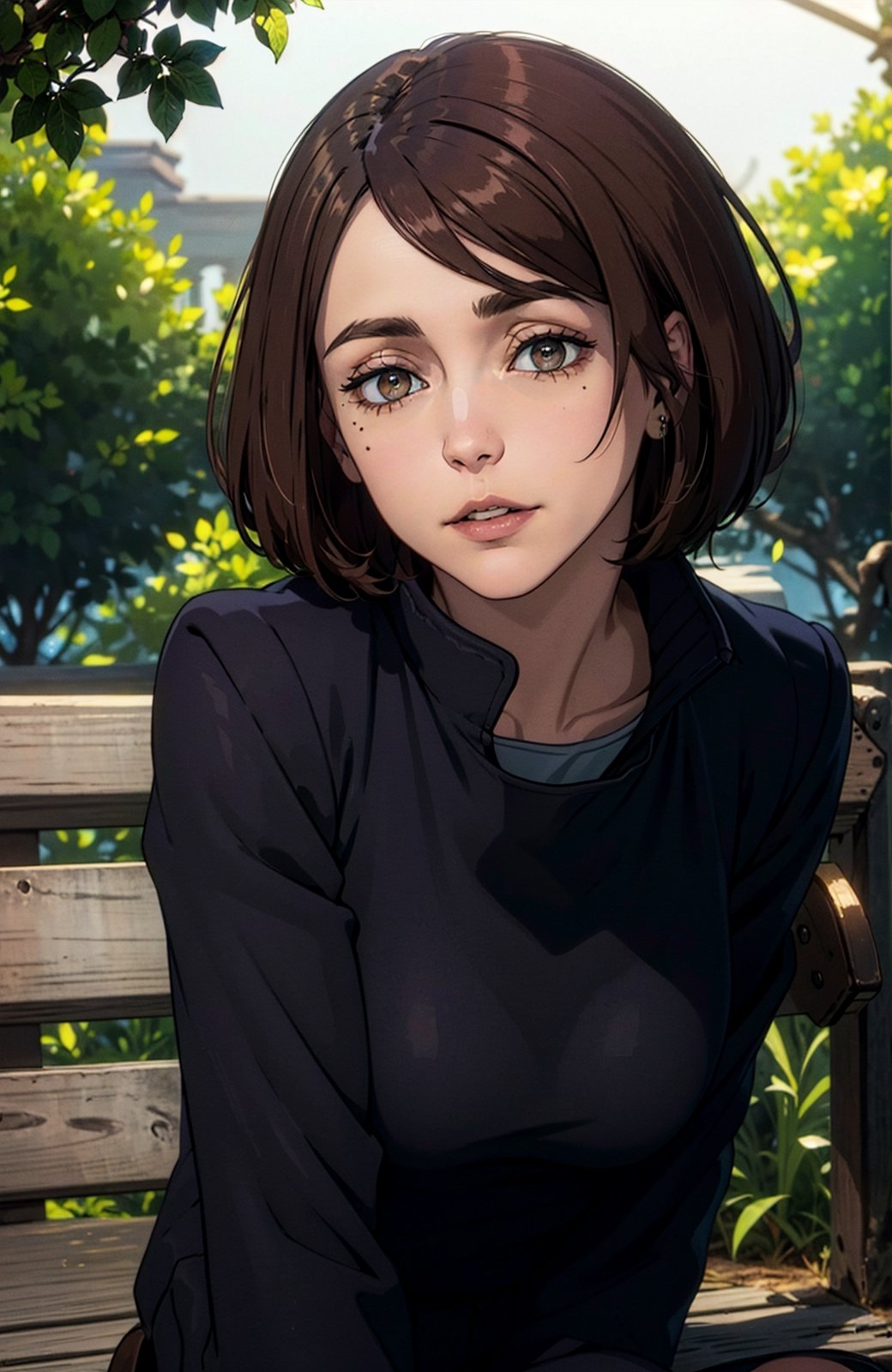 (masterpiece:1.2, best quality), (finely detailed beautiful eyes: 1.2), solo focus,   (extremely detailed CG unity 8k wallpaper, masterpiece, best quality, ultra-detailed, best shadow), (detailed background), (beautiful detailed face, beautiful detailed eyes),  1girl, shoko , brown hair, brown eyes,black jacket, jacket, school uniform, black pantyhose, black stockings, sitting down on bench, black short skirt,   High contrast, beautiful sexy woman, adult, (best illumination, an extremely delicate and beautiful),(simple backround, outdoors), looking at viewer,beautiful detailed glow,