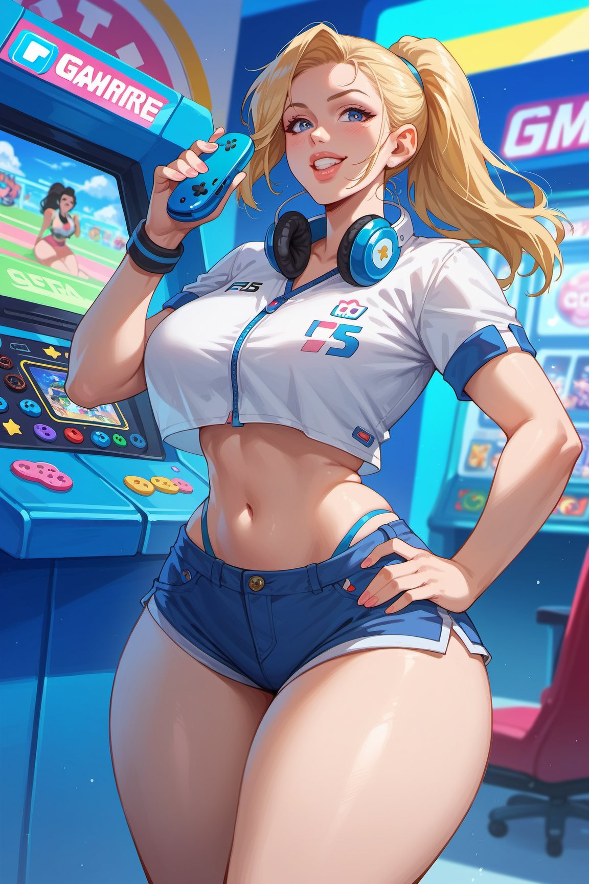 score_9, score_8_up, score_7_up, 1girl, solo, blonde, ponytail, headphone, gamer girl, ps5. pretty girl, long hair, huge tits, tits bursting out of her top, thin waist, curvy hip, thick thighs. 1980s colours & clothes. Bashful. Arcade, detailed eyes, bright teeth, full lips