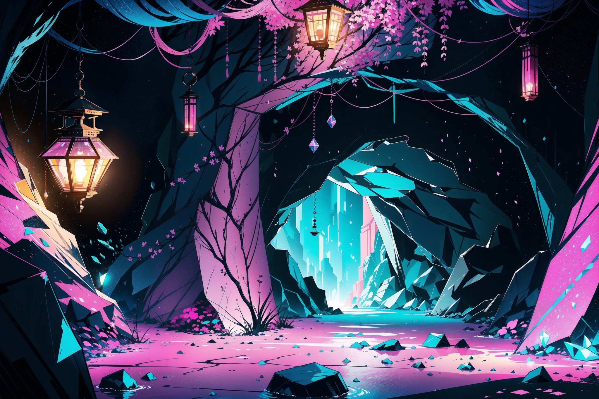  black border, blue light, border, cave, cave interior ,crystal,crystal shard, distortion, glitch, hanging lantern, landscape, lantern,limited palette, neon palette, no humans, pink gemstone, pink light, rock, wet floor