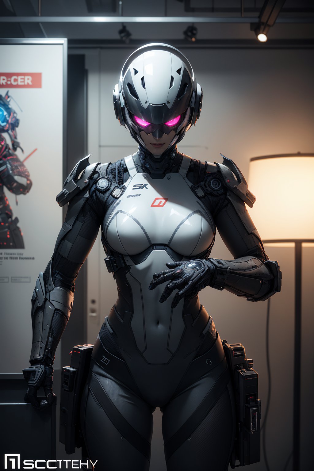 armed female figure in a white sci-fi suit, detailed cyber helmet, bald head, lights on cyber mask, a lot of fine details, commercial photography, domina, hyperrealistic poster, hypermaximalist, ornate, luxury, ominous, cgsociety, studio light, 8k, high resolution photography, professional color grading, photorealism, highest quality, highest detail, Cinematic, Long Exposure, 8K, Ultra-HD, Cinematic Lighting, insanely detailed and intricate