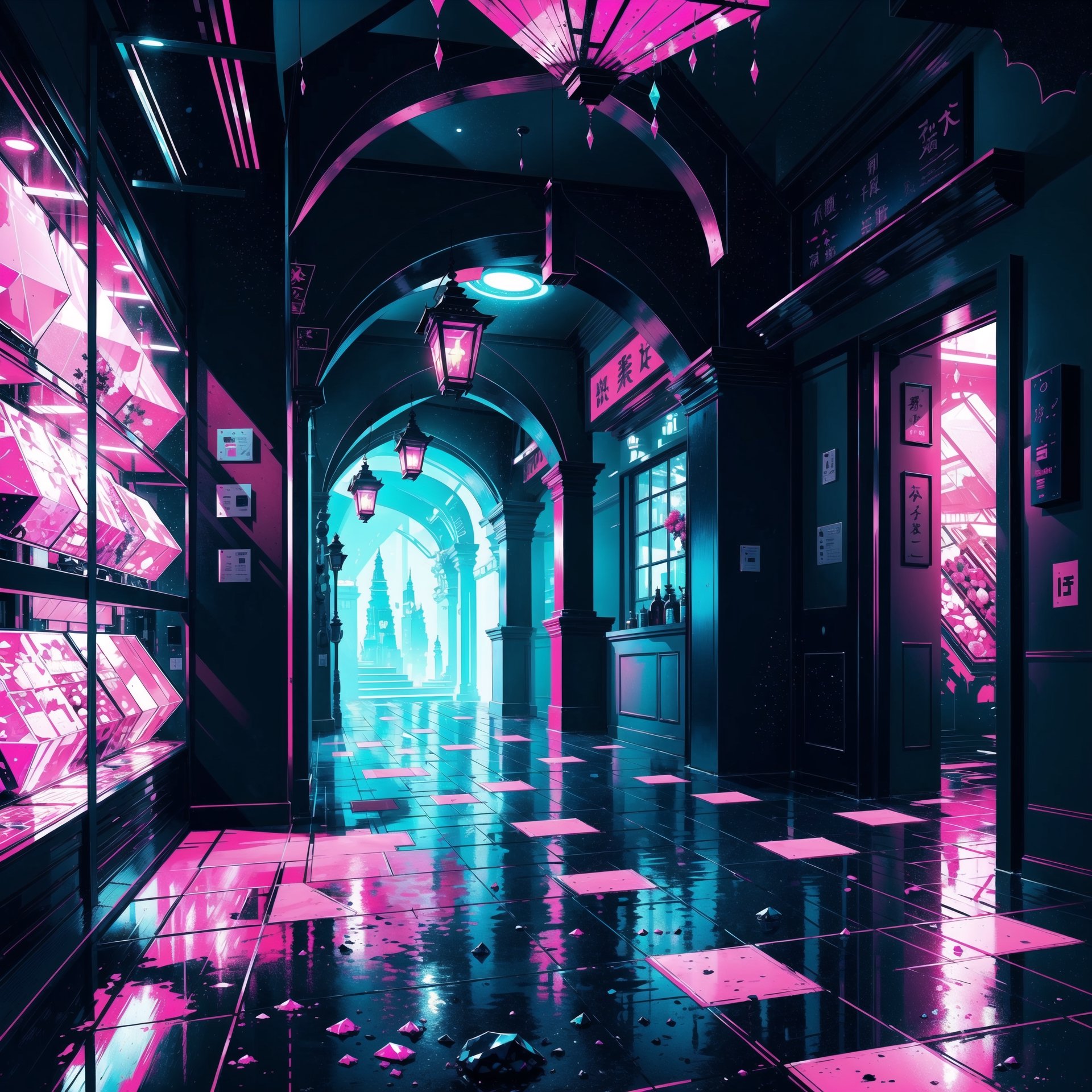  black border, blue light, border, cave, cave interior ,crystal,crystal shard, distortion, glitch, hanging lantern, landscape, lantern,limited palette, neon palette, no humans, pink gemstone, pink light, rock, wet floor