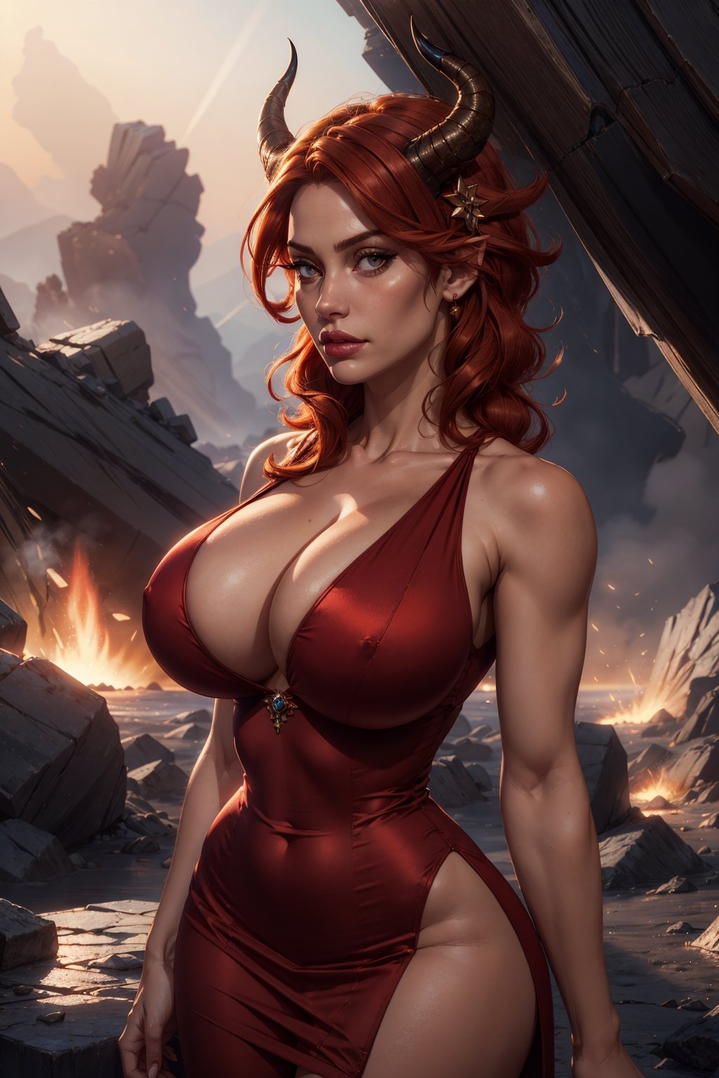 1girl, volumetric light, (bright scene:1.5), perfect lighting, (lava palace:0.7), depth of field, bokeh ,hair ornament,  (big breast), masterpiece, best quality,HDR, highres, details,40K, HDR, highres, horns, cleavage, red luxury dress, bare_shoulder,  sleeveless,  red hair,