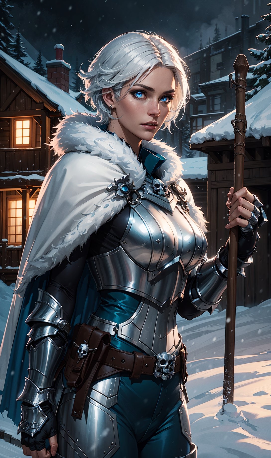 1girl, cowboy shot, wowdk, glowing blue eyes, skull armor, fur trim, pauldrons, torn cape, short white hair, blue fire, snow, ice, night, citadel, athletic, volumetric lighting, best quality, masterpiece, detailed eyes, detailed face, HDR, ultra resolution 