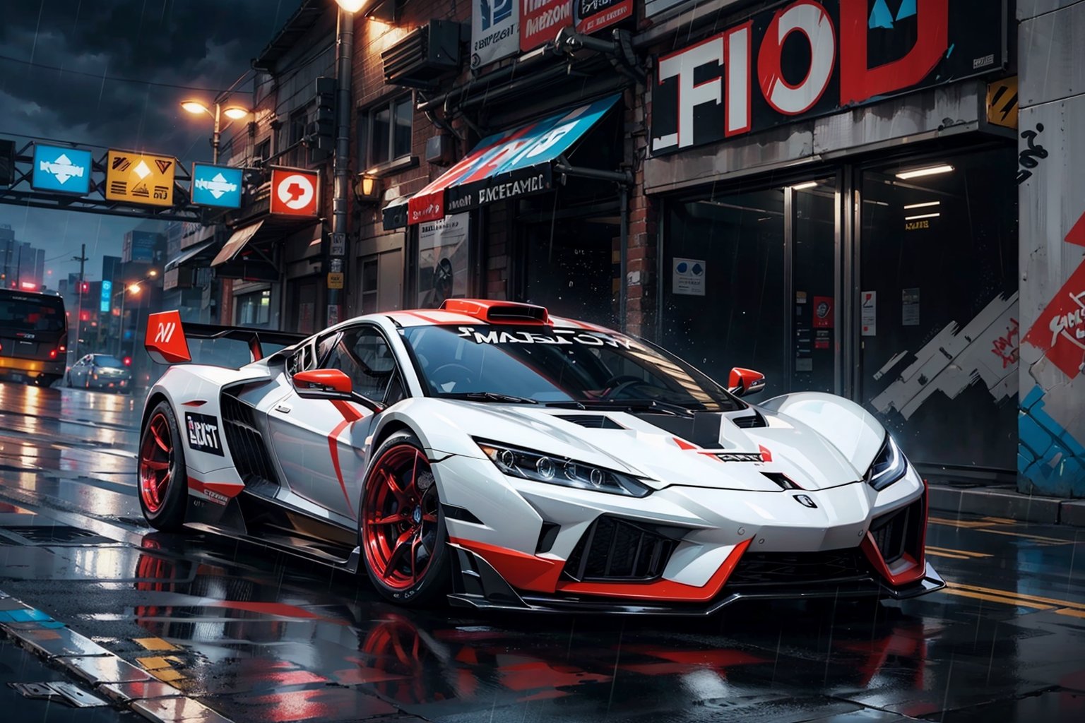 (digital artwork), hypercar, wide body kit, modified car, raining(detailed:1.2), (detailed background), graffiti wall