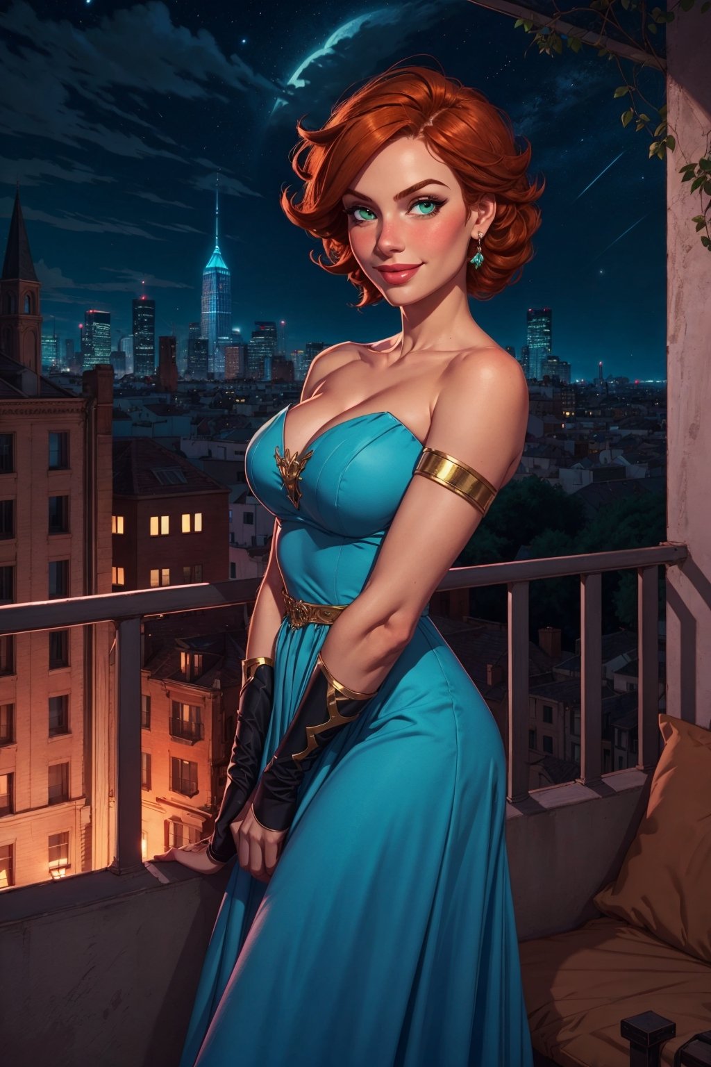 masterpiece, 4k, best quality, highly detailed, fox girl,  orange hair, green eyes, blue dress,blue bridal gauntlets, balcony, cityscape, night, dark,full blush, smile