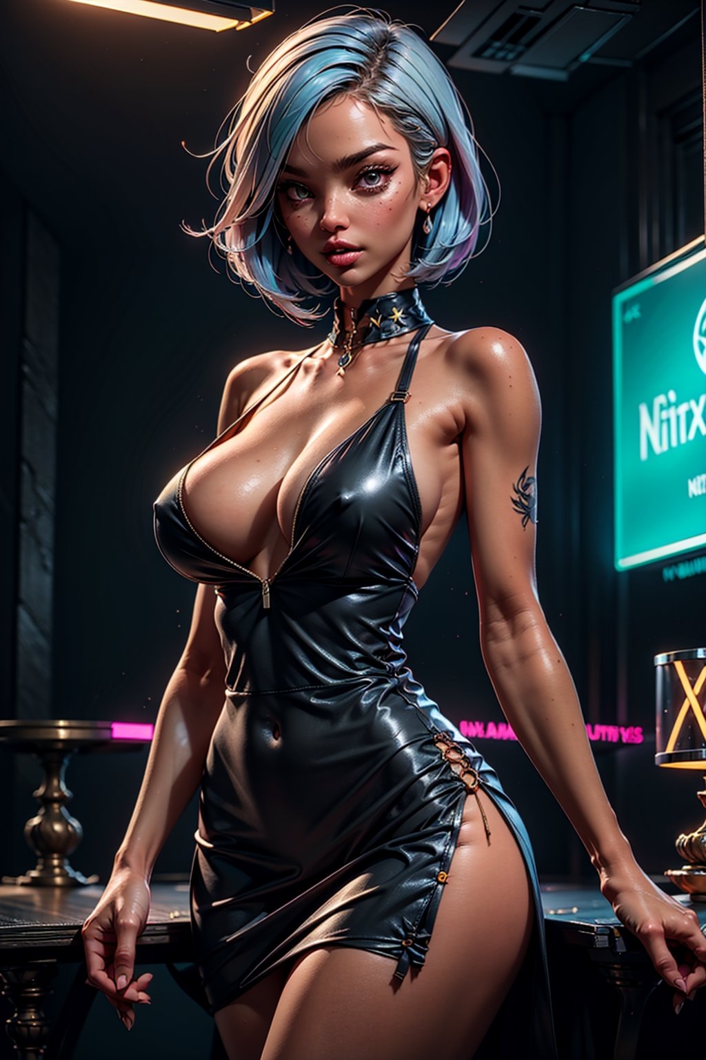 1girl, large breasts, short hair, asymmetrical hair, sexy look, sexy dress, sexy pose, indoors, cinematic, chromatic_aberration, bare shoulders, large cleavage, (sideboobs, breasts overflow:1.1), 
Masterpiece, best quality, ultra resolution, high resolution, HDR, volumetric light,High detailed ,perfecteyes,neonnightKA