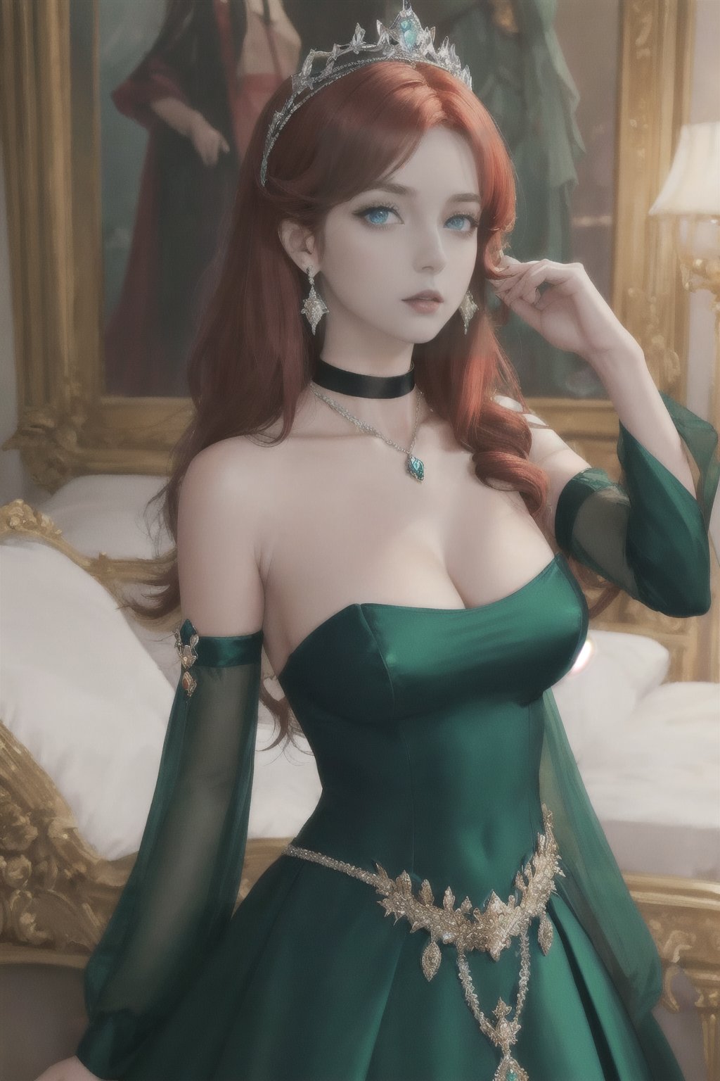 (masterpiece:1.2, best quality:1.2, beautiful, high quality, highres:1.1, aesthetic), detailed, extremely detailed, ambient soft lighting, perfect blue eyes, perfect face, 1girl, large red hair, hair ornament, normal breasts, red gatsby dress, strapless, dress can see through, show nipples, bare shoulders, sleeveless, wrist cuffs, detached sleeves, earrings, black choker, looking at the viewer, full body, slim body, green eyes,LuxuriousWheelsCostume, green, blue and black dress, princess silver crown, background prague castle