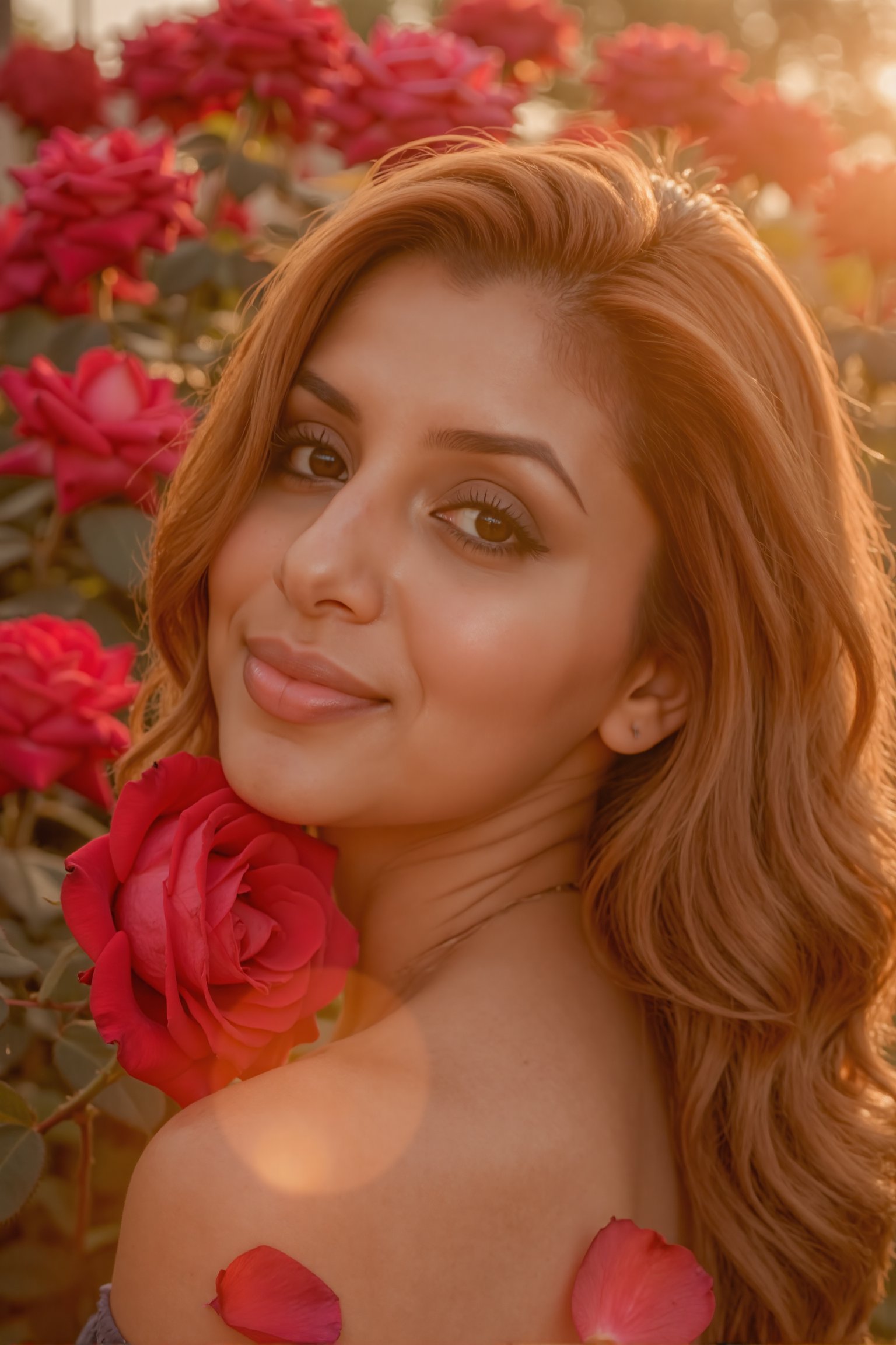 A close-up Instagram portrait of a person with a soft, ethereal lighting, their face framed by a lush, vibrant rose background. The subject is smiling softly, with a single rose petal gently touching their cheek. The composition is centered, with the rose background blurring slightly to create a dreamy, romantic atmosphere. The location is a garden, with the natural light filtering through the petals, casting a warm, golden glow on the subject's face.