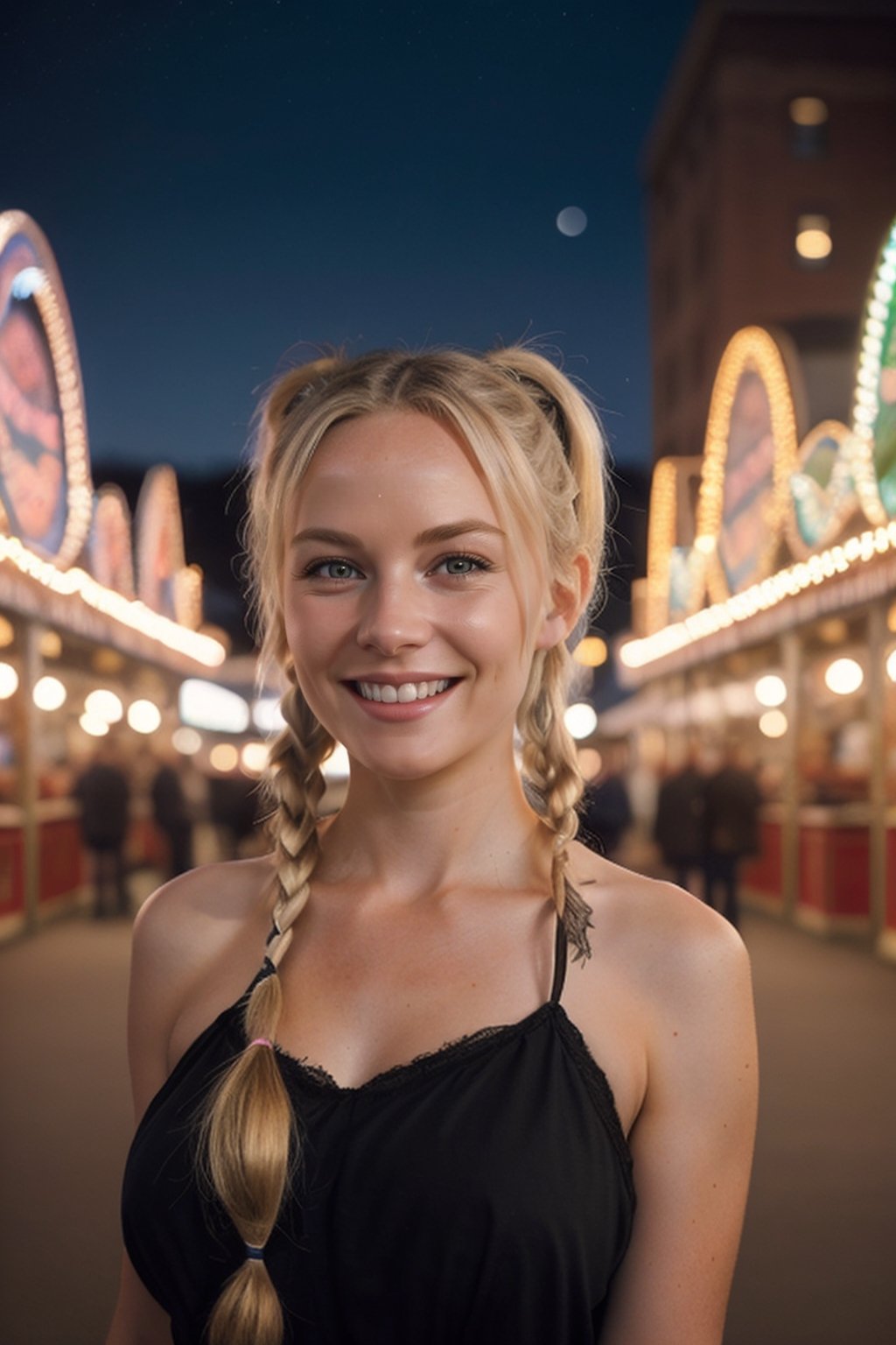 high quality photo,  beautiful adult woman,  blonde hair black streaks,  pigtails,  smiling,  cinematic quality,  masterpiece,  high definition,  8k,  intricately detailed,  in front of fairgrounds,  night,  bokeh effect,  iphone camera