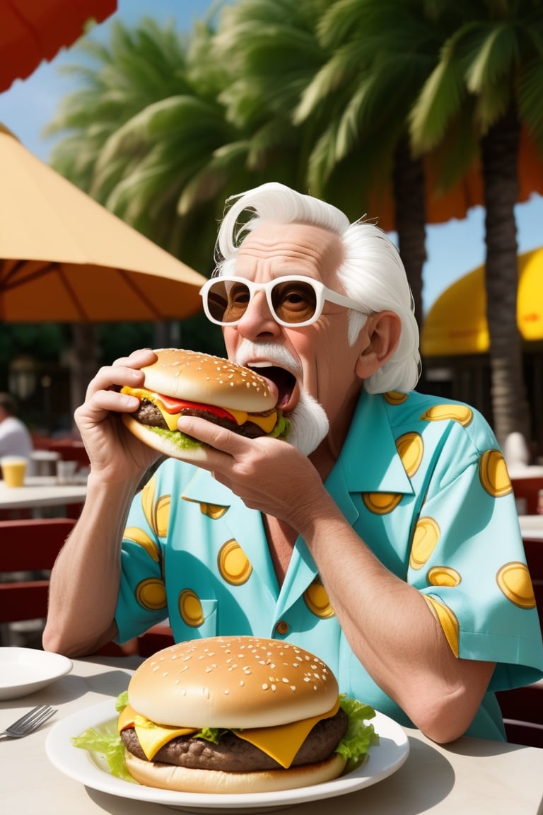 a hungry old man eating an oversized cheeseburger, comical, cartoonish, cabana shirt, sunglasses, white hair, restaurant background, shot with kodak