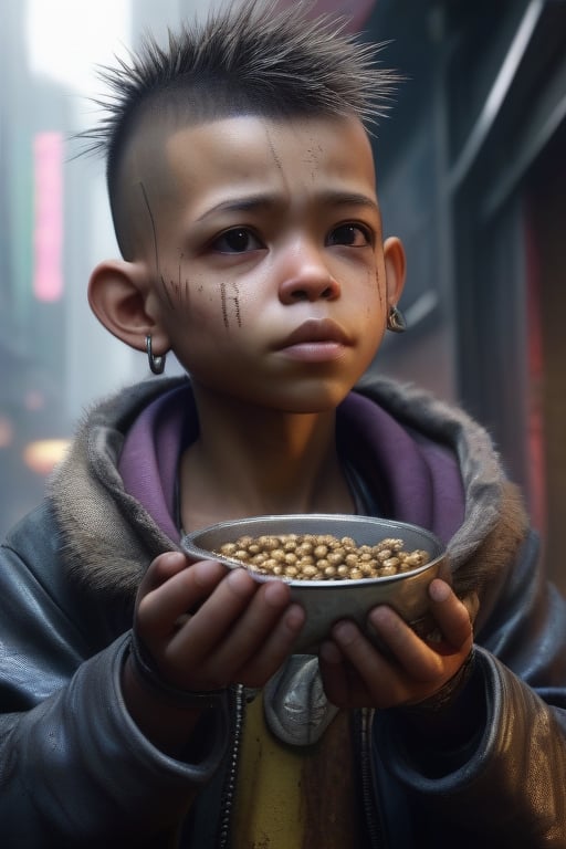 a cyberpunk street urchin begging for money, UHD, masterpiece, textured skin, high quality, best quality, 4K