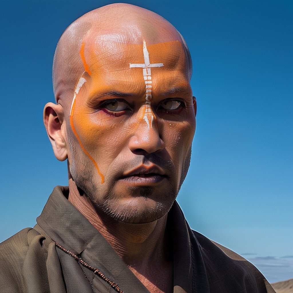 aw0k magnstyle, (best quality) , (masterpiece), angry Monk man, completely white eyes, bald head, split diopter, Cel shading, Relieving, DayGlo orange palette masterpiece,
