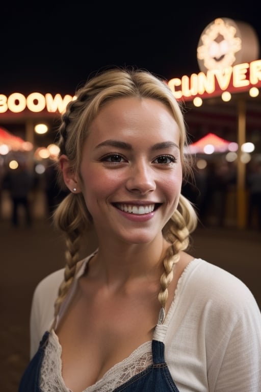 high quality photo, beautiful adult woman, blonde hair black streaks, pigtails, smiling, cinematic quality, masterpiece, high definition, 8k, intricately detailed, in front of fairgrounds, night, bokeh effect, iphone camera