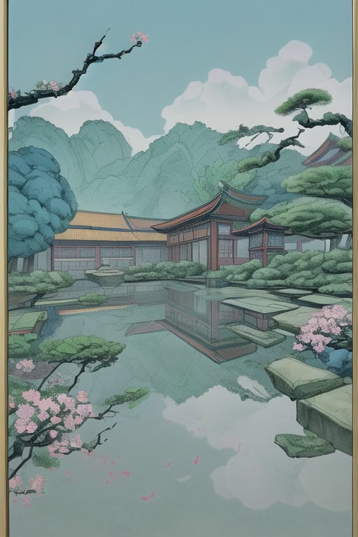 chinese ink painting, many multi color flowers bush and tree with first person view in chinese style garden, small mould on the far left, blue sky with small birds,  flowers  --aspect 9:16