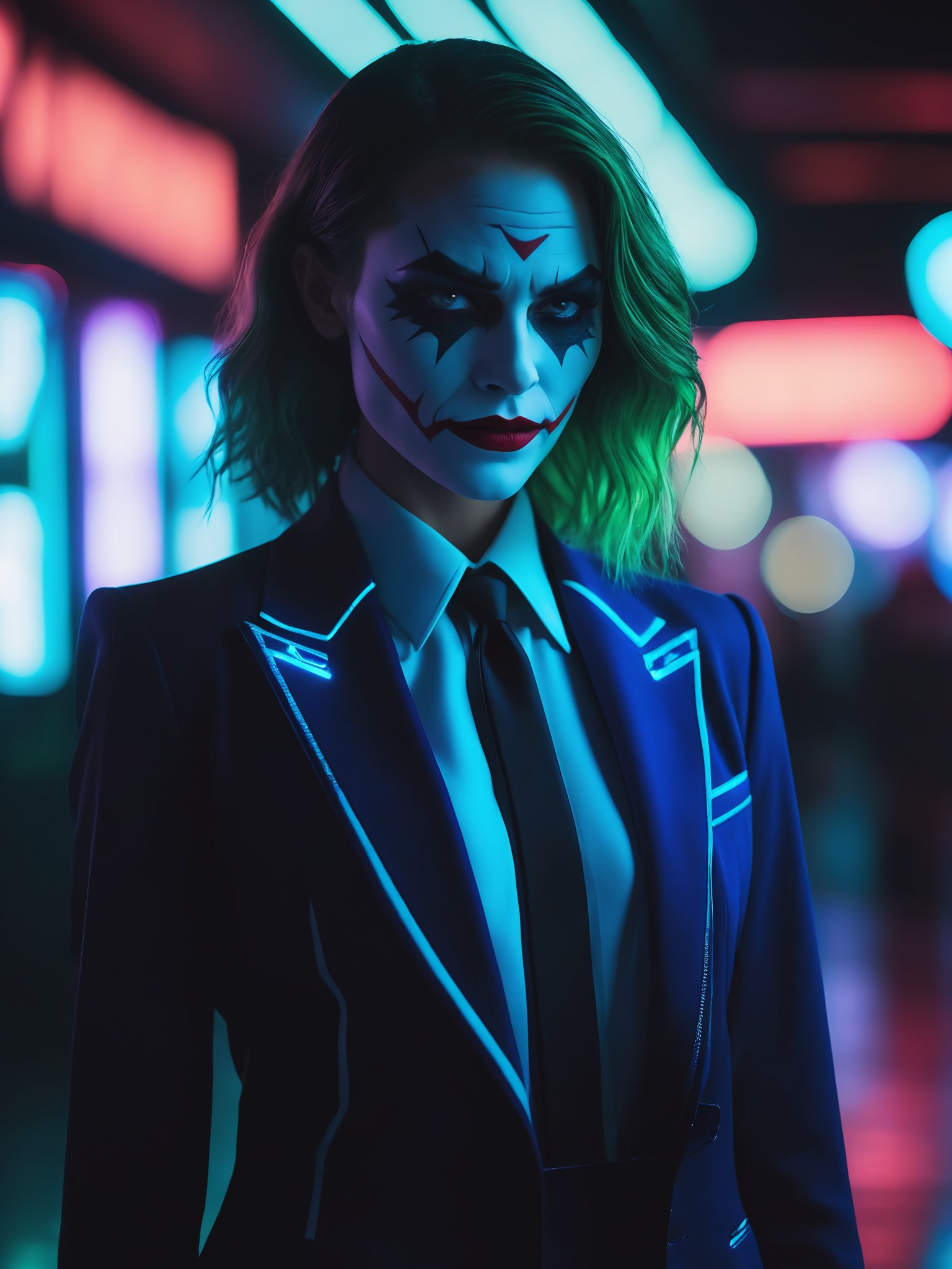 A conceptual Joker lady stands confidently in a dimly lit environment, illuminated by neon lights that cast an eerie glow. Her striking features are captured in sharp focus with the iPhone X's telephoto lens, showcasing detailed skin texture and bright blue eyes that seem to radiate luminosity. She wears a sleek suit, her dark hue attire blending seamlessly with the surrounding shadows.