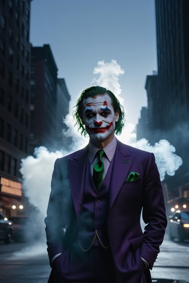 Hd,4k, masterpiece, smoke, New York city, modern cinematic lighting, potrait of joker , wearing a suit , smiling ,dark mode background, shadow street light, clear sky 