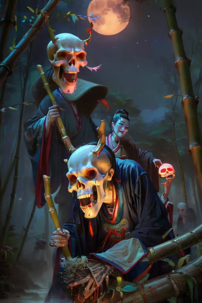 horror, scary, skull, bone, death, bizarre, dark theme, blood, glowing, chinese deep bamboo forest, night, moon