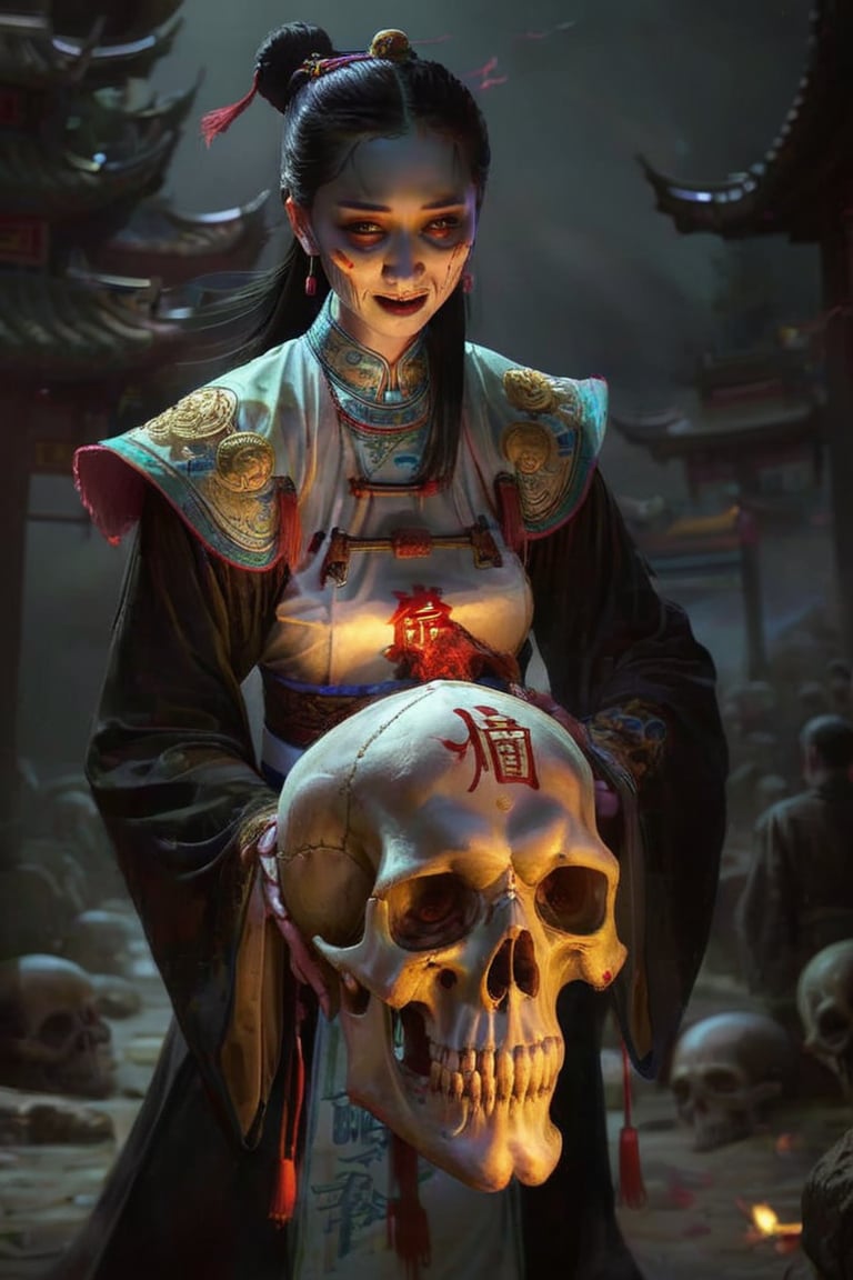 horror, scary, skull, bone, death, bizarre, dark theme, blood, glowing, chinese