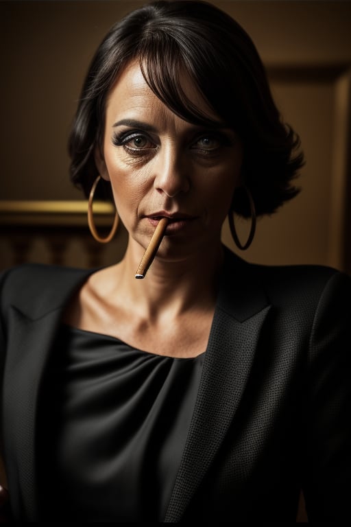 a cinematic scene of an Italian woman mafia boss striking a pose, wearing a black suit, she has dark wavy hair, circular iris, circular pupils, eyes and face stuck at the camera, she is smoking a cigar, filmed on Sony A7iii, 50mm, f/1.5,medium angle shot,dramatic lighting, fhd, film director Guy Ritchie, cinematic color grading