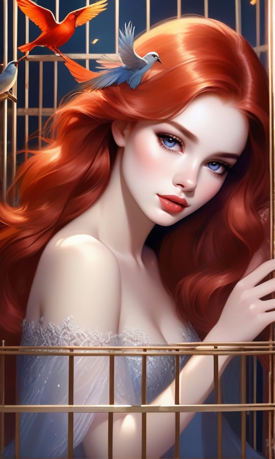 A beautiful redhead covered in birds feathers, trapped inside a bird cage,artistic rendering,soft and delicate feathers,shimmering colors,exquisite details,expressive eyes and lips,vibrant and lively birds,fine texture,painted with fine brushstrokes,elegant poses,emotional facial expression,detailed facial features,impressive background,sunlit garden scene,rich colors and textures,masterpiece:1.2,ultra-detailed,realistic:1.37,vivid colors,soft lighting,bokeh.