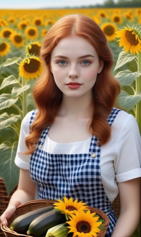 A girl next door, redhead farmgirl, 21 years old, beautiful detailed eyes, beautiful detailed lips, extremely detailed eyes and face, long eyelashes, medium: oil painting, additional details: standing in a sunflower field, wearing a checkered apron, holding a basket of fresh vegetables, surrounded by colorful butterflies, highres: 4k, ultra-detailed, realistic: 1.37, vibrant colors, warm color tones, natural sunlight.