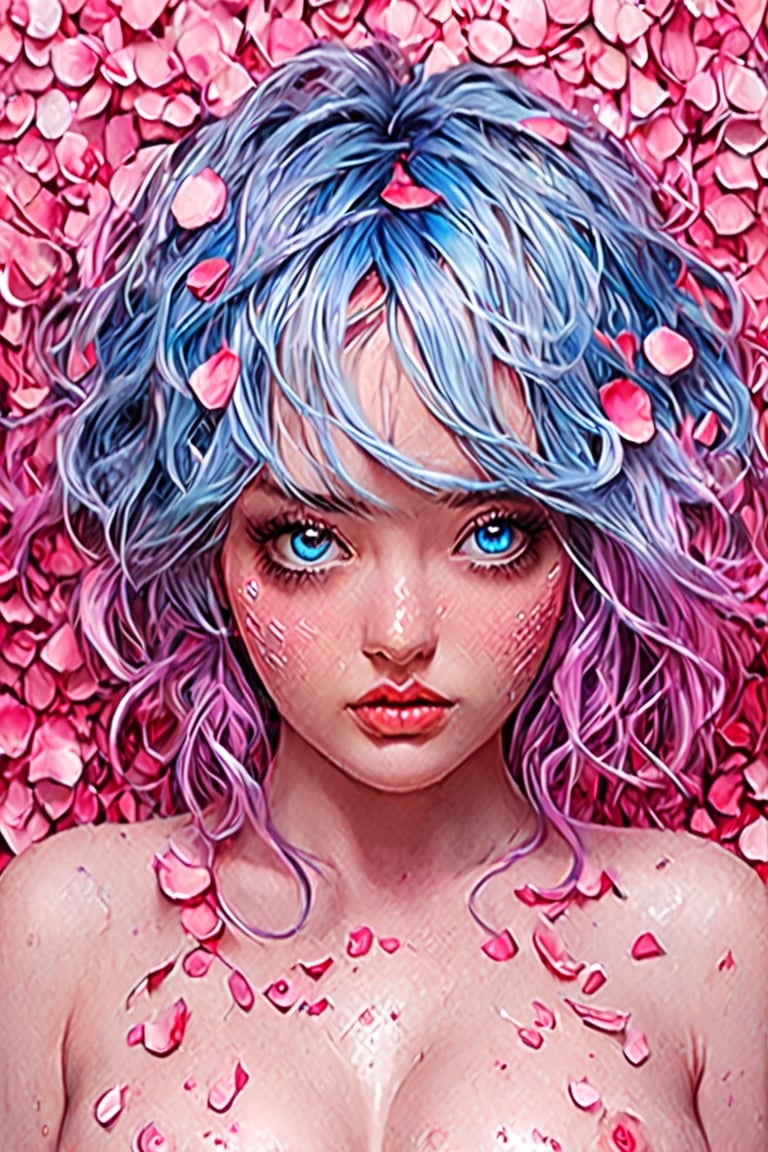 highly detailed, seductive erotic female is sweating, boobs covered in rose pedals, (busty, pink/blue hair), centered on the face, face focused, intricate eyes,