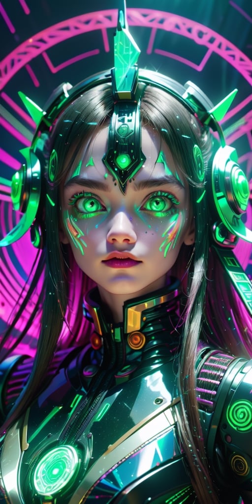 In this captivating image of a surreal astronomic digital dystopia in anime, a mesmerizing cybernetic deity floats amidst a chaotic celestial backdrop. The deity, adorned with intricate circuits and neon-lit embellishments, emanates a mysterious aura through its luminous synthetic skin and piercing holographic eyes. The scene is depicted in a digitally rendered painting, where every pixel is used to their fullest potential to create a visually stunning masterpiece. The level of detail is simply breathtaking, capturing the essence of an innovative and technologically advanced world.