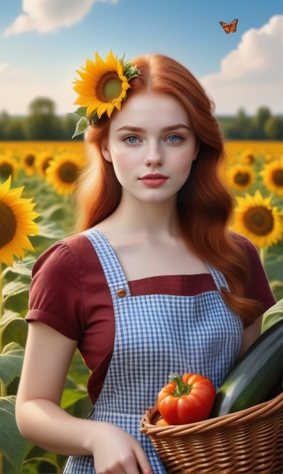 A girl next door, redhead farmgirl, 21 years old, beautiful detailed eyes, beautiful detailed lips, extremely detailed eyes and face, long eyelashes, medium: oil painting, additional details: standing in a sunflower field, wearing a checkered apron, holding a basket of fresh vegetables, surrounded by colorful butterflies, highres: 4k, ultra-detailed, realistic: 1.37, vibrant colors, warm color tones, natural sunlight.