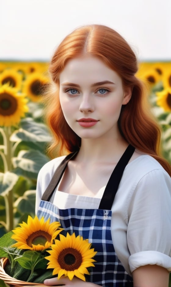 A girl next door, redhead farmgirl, 21 years old, beautiful detailed eyes, beautiful detailed lips, extremely detailed eyes and face, long eyelashes, medium: oil painting, additional details: standing in a sunflower field, wearing a checkered apron, holding a basket of fresh vegetables, surrounded by colorful butterflies, highres: 4k, ultra-detailed, realistic: 1.37, vibrant colors, warm color tones, natural sunlight.