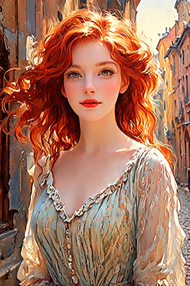 (a beautiful redhead in rags),oil painting,soft brush,exquisite details,graceful pose,rich colors,expressive eyes,luscious red hair,porcelain skin,pristine beauty,delicate facial features,radiant smile,romantic atmosphere,stunning backdrop,old European cityscape,vintage cobblestone streets,weathered buildings,soft evening light,beams of sunlight,translucent fabric,flowing dress,tattered edges,faint floral patterns,broken chains,traces of dirt and dust,painful past,unyielding spirit,dreamy ambiance.