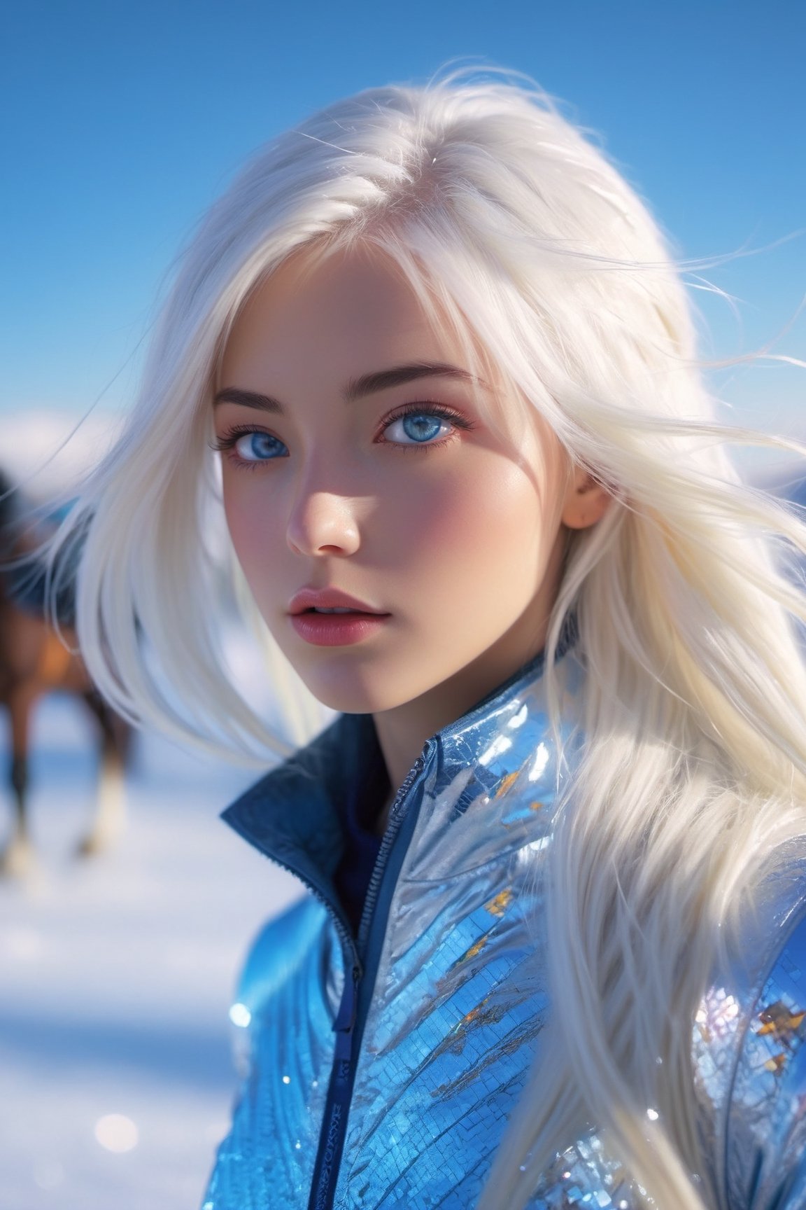 beautiful, young woman, in the crystal and ice area, fluttering snow, horse riding, a white hourse, gradient hair, white hair, blue hair, long hair, eye reflection, disdain, ray tracing, reflection light, blurry, glowing light, depth of field, chiaroscuro, stereogram, zoom layer, cowboy shot, f/2.8, bokeh, masterpiece, best quality, high quality, HD,High detailed ,fantasy_princess,fantasy,Monster