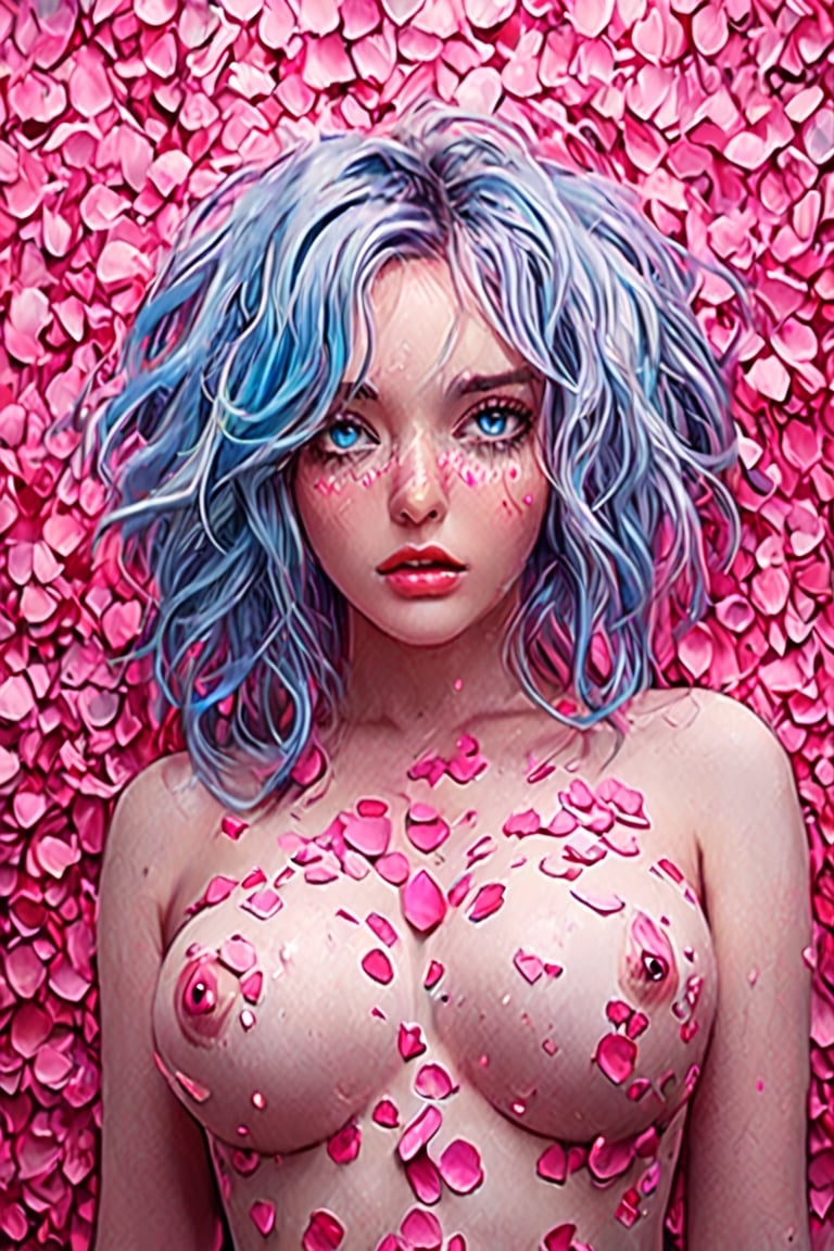 highly detailed, seductive erotic female is sweating, boobs covered in rose pedals, (busty, pink/blue hair), centered on the face, face focused, intricate eyes,