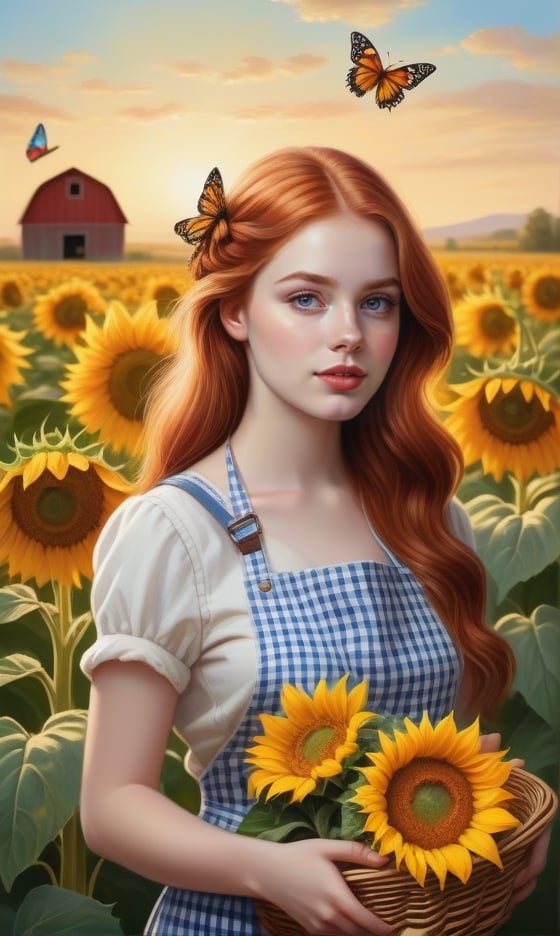 A girl next door, redhead farmgirl, 21 years old, beautiful detailed eyes, beautiful detailed lips, extremely detailed eyes and face, long eyelashes, medium: oil painting, additional details: standing in a sunflower field, wearing a checkered apron, holding a basket of fresh vegetables, surrounded by colorful butterflies, highres: 4k, ultra-detailed, realistic: 1.37, vibrant colors, warm color tones, natural sunlight.