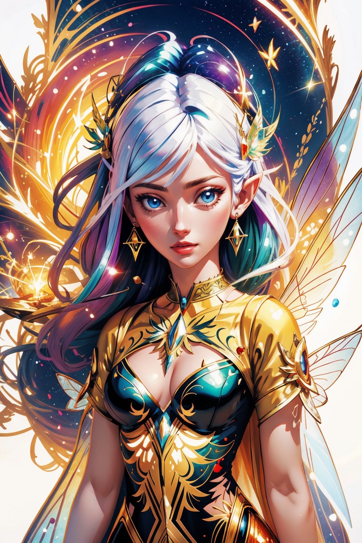 illuminated fairy woman, vector, realistic vivid colors, white background, centered image, detailed image, vector made for t-shirt printing, 2d, realistic image,High detailed 