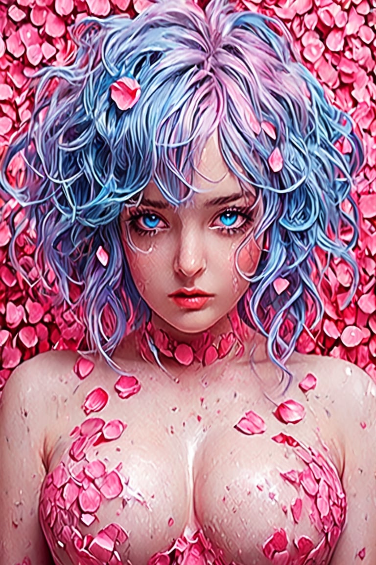 highly detailed, seductive erotic female is sweating, boobs covered in rose pedals, (busty, pink/blue hair), centered on the face, face focused, intricate eyes,