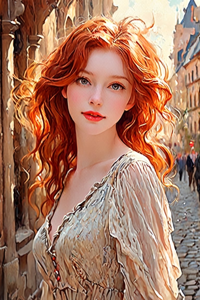 (a beautiful redhead in rags),oil painting,soft brush,exquisite details,graceful pose,rich colors,expressive eyes,luscious red hair,porcelain skin,pristine beauty,delicate facial features,radiant smile,romantic atmosphere,stunning backdrop,old European cityscape,vintage cobblestone streets,weathered buildings,soft evening light,beams of sunlight,translucent fabric,flowing dress,tattered edges,faint floral patterns,broken chains,traces of dirt and dust,painful past,unyielding spirit,dreamy ambiance.