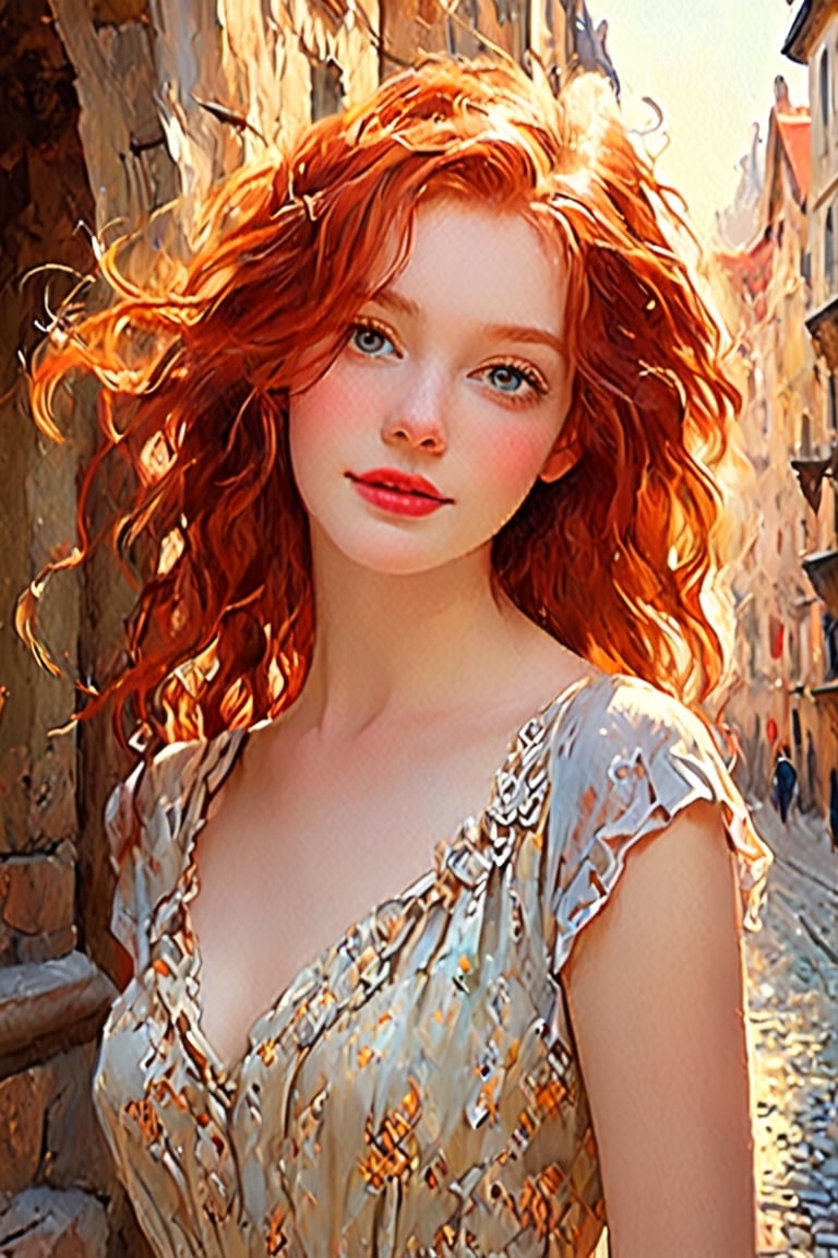 (a beautiful redhead in rags),oil painting,soft brush,exquisite details,graceful pose,rich colors,expressive eyes,luscious red hair,porcelain skin,pristine beauty,delicate facial features,radiant smile,romantic atmosphere,stunning backdrop,old European cityscape,vintage cobblestone streets,weathered buildings,soft evening light,beams of sunlight,translucent fabric,flowing dress,tattered edges,faint floral patterns,broken chains,traces of dirt and dust,painful past,unyielding spirit,dreamy ambiance.