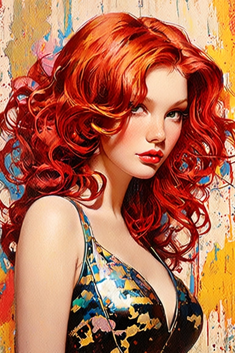 ((a beautiful redhead )) Pop art print retro style image, vintage peter pan, in the style of brian m. viveros, lisa frank, curves, realistic hyper - detailed portraits, cliff chiang, animated gifs, leather/ hide