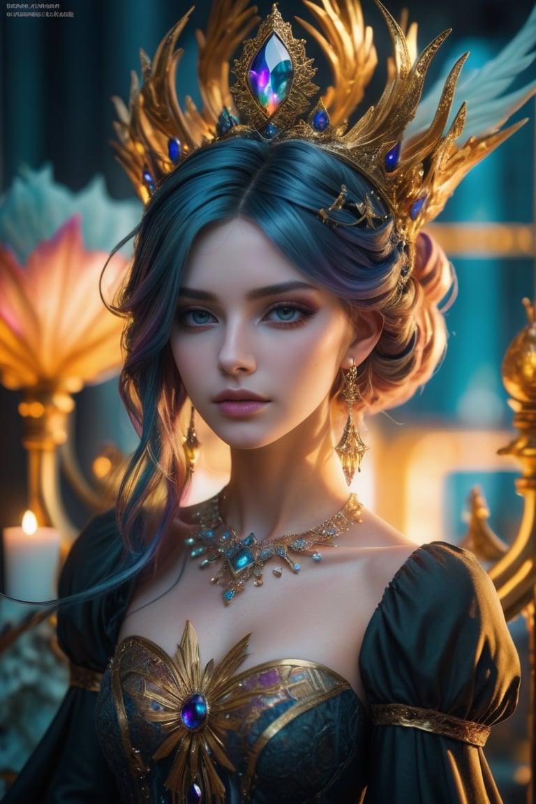 Perfect woman, full body, colorful hair, royal, crown, princess, queen, dystopian, highly detailed, soft lighting, detailed face, perfect face, anime, concept art, intricate artwork masterpiece, vogue magazine, story, fantasy, ominous, esoteric, intricate, body, epic, ultra high quality model, unreal engine, global illumination, detailed, intricate environment, octane render,no_humans,fantasy_princess,LinkGirl,dfdd