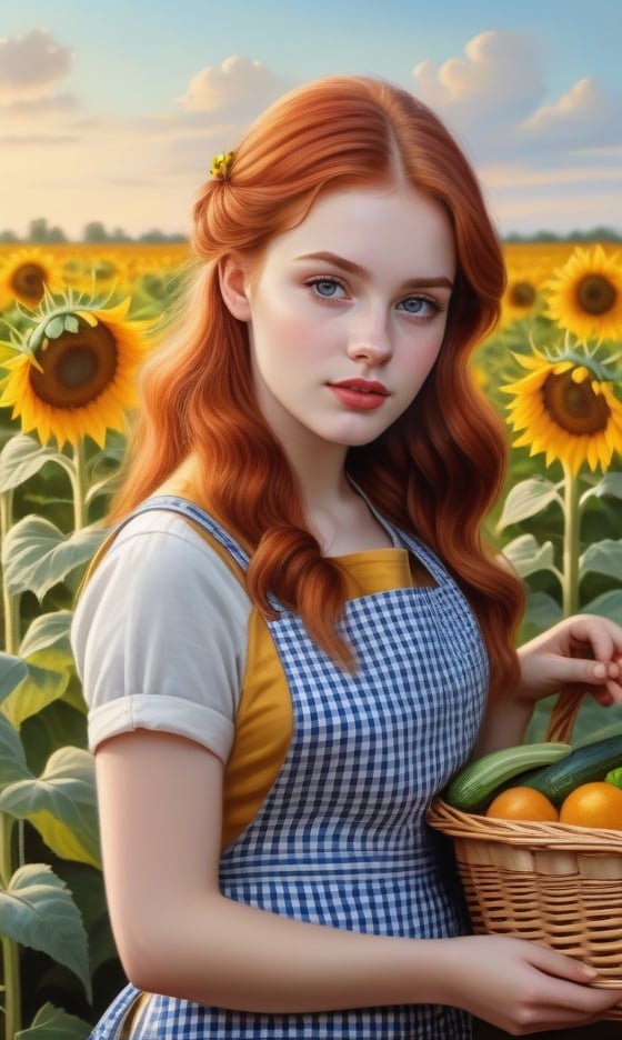 A girl next door, redhead farmgirl, 21 years old, beautiful detailed eyes, beautiful detailed lips, extremely detailed eyes and face, long eyelashes, medium: oil painting, additional details: standing in a sunflower field, wearing a checkered apron, holding a basket of fresh vegetables, surrounded by colorful butterflies, highres: 4k, ultra-detailed, realistic: 1.37, vibrant colors, warm color tones, natural sunlight.