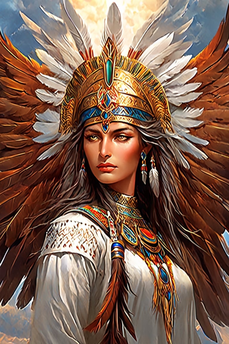 A majestic view of Manwë, the Ainur, and a group of soaring eagles
(best quality, highres:1.2), detailed depiction of Manwë's face and clothing, magnificent eagle feathers, vibrant colors, ethereal lighting