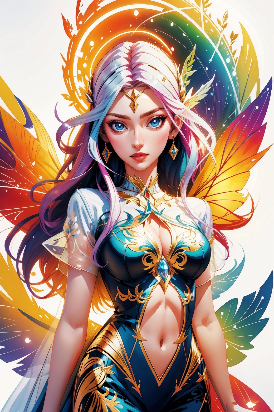 illuminated fairy woman, vector, realistic vivid colors, white background, centered image, detailed image, vector made for t-shirt printing, 2d, realistic image,High detailed 