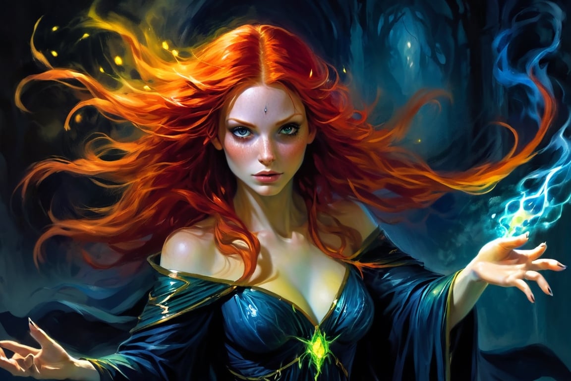 A mesmerizingly enchanting sorceress with vibrant red hair. Her cascading locks flow like flames, illuminating her bewitching appearance. This exquisite portrayal captures her delicate features and fiery essence. The image is a stunning painting that intricately showcases the sorceress's ethereal beauty. Every brush stroke and color choice exudes a sense of allure and mystique. It is a high-definition masterpiece crafted with meticulous attention to detail, immersing viewers in the spellbinding world of this captivating redhead sorceress.,horror,DonMG414 ,monster,more detail XL