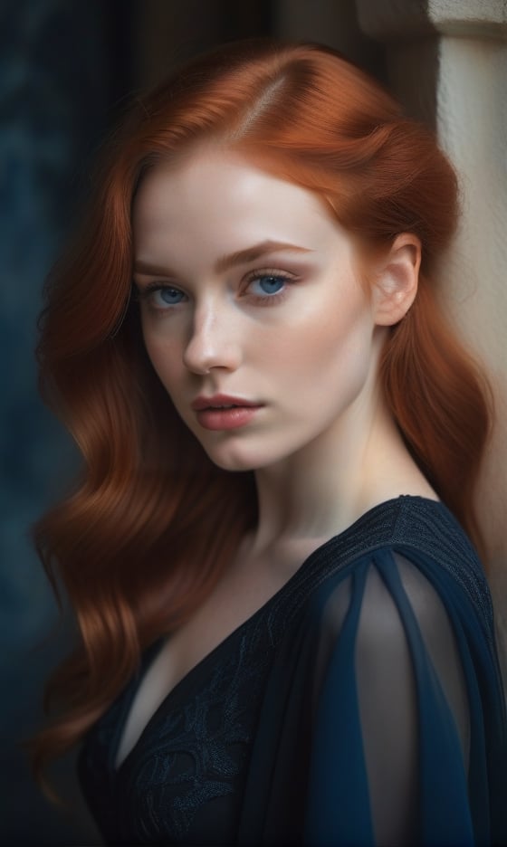 a woman, redhead, poses in a black dress, in the style of soft edges and atmospheric effects, romanesque, pop inspo, michael malm, close-up shots, the blue rider, warmcore 