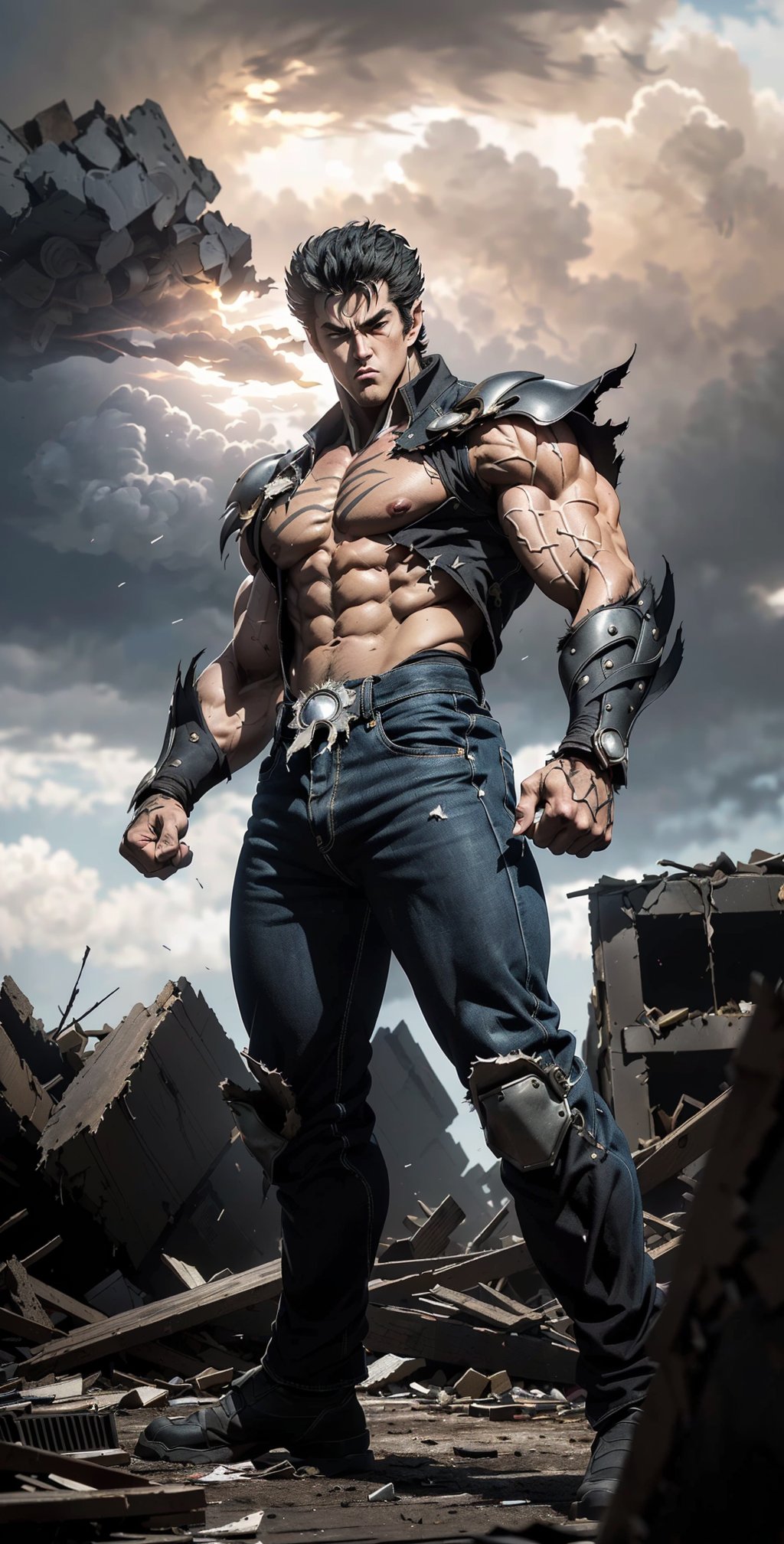 ((A close-up shot of Kenshiro, the protagonist from Fist of the North Star, standing confidently in the midst of a post-apocalyptic wasteland. His intimidating presence is accentuated by his rugged appearance and muscular physique. The desolate landscape behind him, scattered with ruins and debris, serves as a stark reminder of the chaos that surrounds him. Rays of golden sunlight break through the dark, ominous clouds, casting a dramatic glow on Kenshiro and adding an ethereal touch to the scene. The winds whip through his tattered clothing, creating dynamic motion and emphasizing his fierce determination. As his fists glow with an otherworldly power, debris and dust are effortlessly lifted into the air, creating a whirlwind of destruction. In the distance, a few figures cower in fear, witnessing the sheer might of Kenshiro's unfathomable strength.))