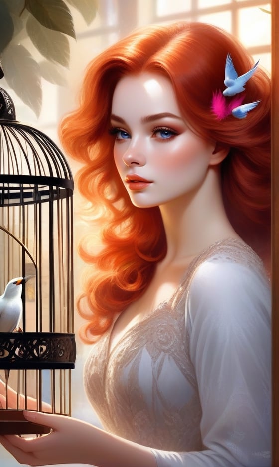 A beautiful redhead covered in birds feathers, trapped inside a bird cage,artistic rendering,soft and delicate feathers,shimmering colors,exquisite details,expressive eyes and lips,vibrant and lively birds,fine texture,painted with fine brushstrokes,elegant poses,emotional facial expression,detailed facial features,impressive background,sunlit garden scene,rich colors and textures,masterpiece:1.2,ultra-detailed,realistic:1.37,vivid colors,soft lighting,bokeh.