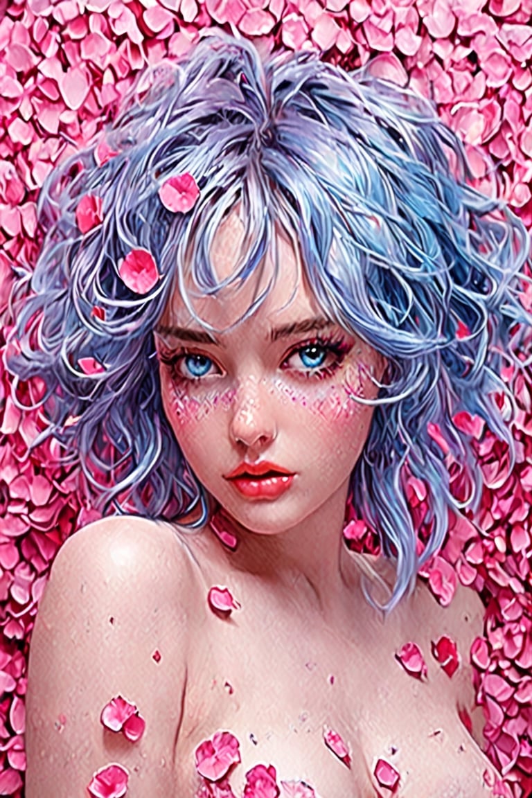 highly detailed, seductive erotic female is sweating, boobs covered in rose pedals, (busty, pink/blue hair), centered on the face, face focused, intricate eyes,