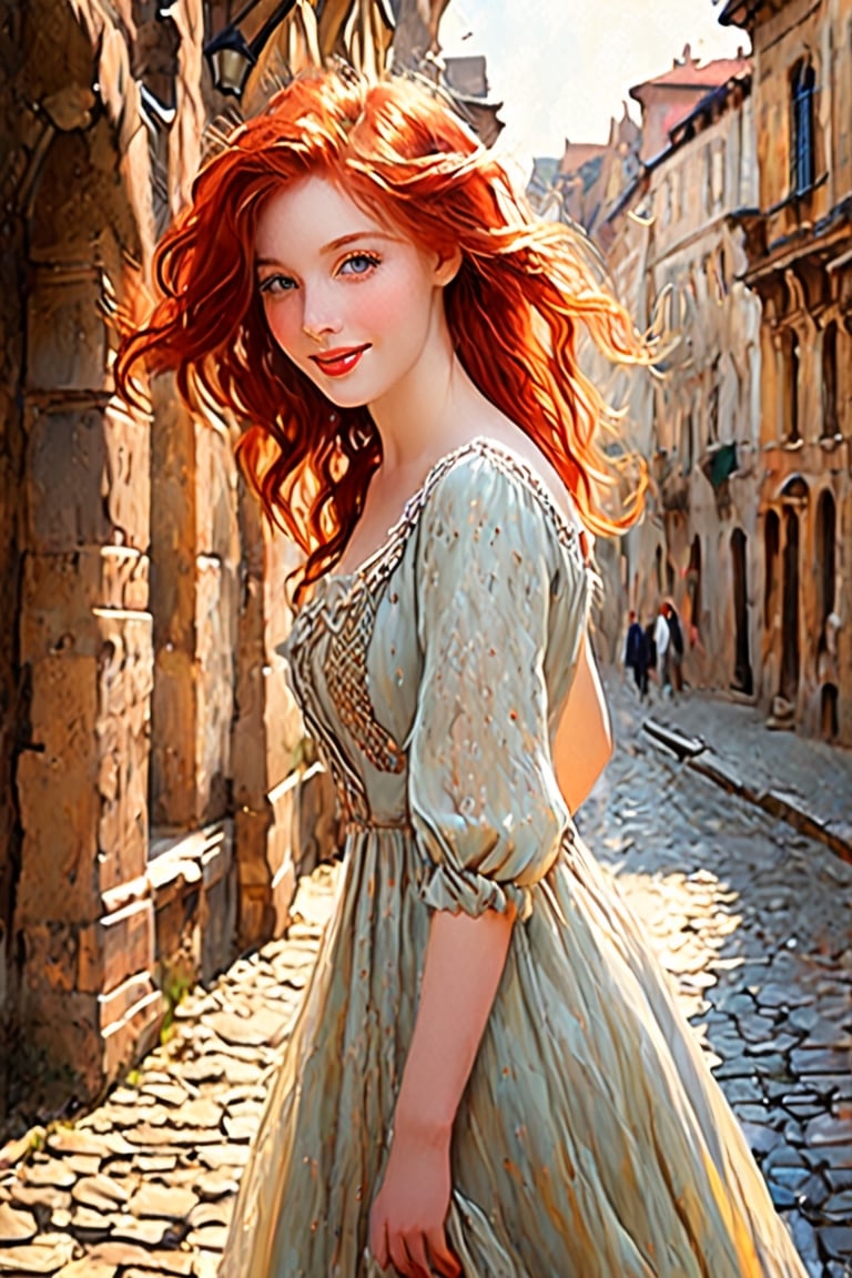 (a beautiful redhead in rags),oil painting,soft brush,exquisite details,graceful pose,rich colors,expressive eyes,luscious red hair,porcelain skin,pristine beauty,delicate facial features,radiant smile,romantic atmosphere,stunning backdrop,old European cityscape,vintage cobblestone streets,weathered buildings,soft evening light,beams of sunlight,translucent fabric,flowing dress,tattered edges,faint floral patterns,broken chains,traces of dirt and dust,painful past,unyielding spirit,dreamy ambiance.